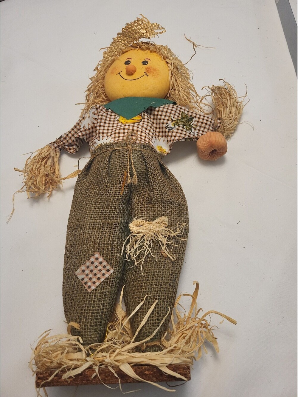 Rustic Farmhouse Scarecrow Decoration with Straw Hat and Burlap Pants 18x13.5"